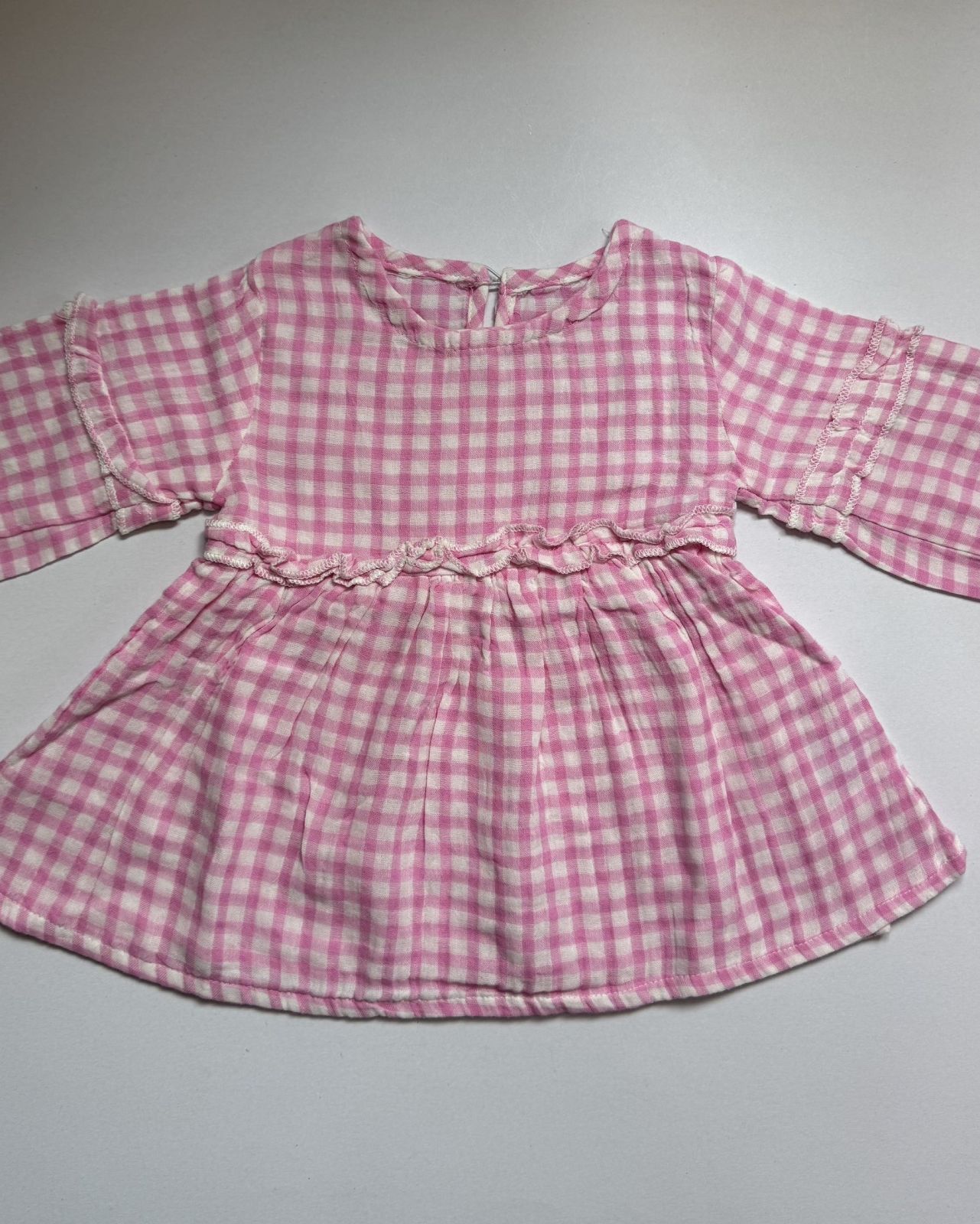 Pink gingham long sleeve muslin frock